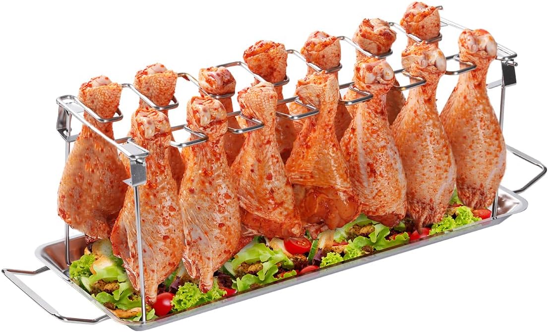 Jeiibrzui 14-teiliger Hähnchenschenkel-grillrost Aus Edelstahl Mit Fettauffangschale – Faltbar – Ofen- Und Grillgeeignet – Silberfarben