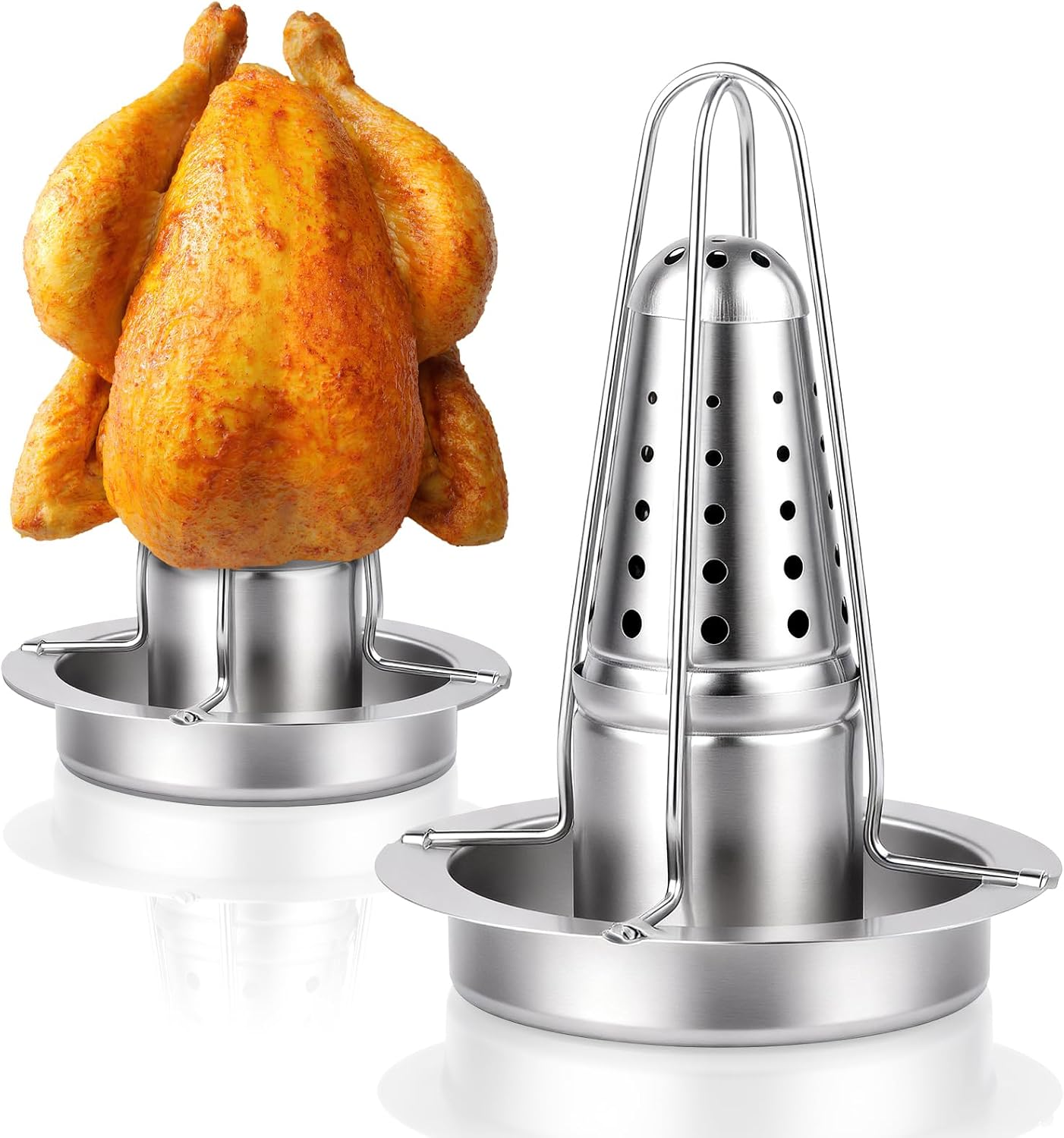 Jeiibrzui Hähnchenspieß Aus Edelstahl – Universalgröße – 1 Stück Mit Aromaschale Und Fettauffangschale – Silber – Ofen- Und Grillgeeignet