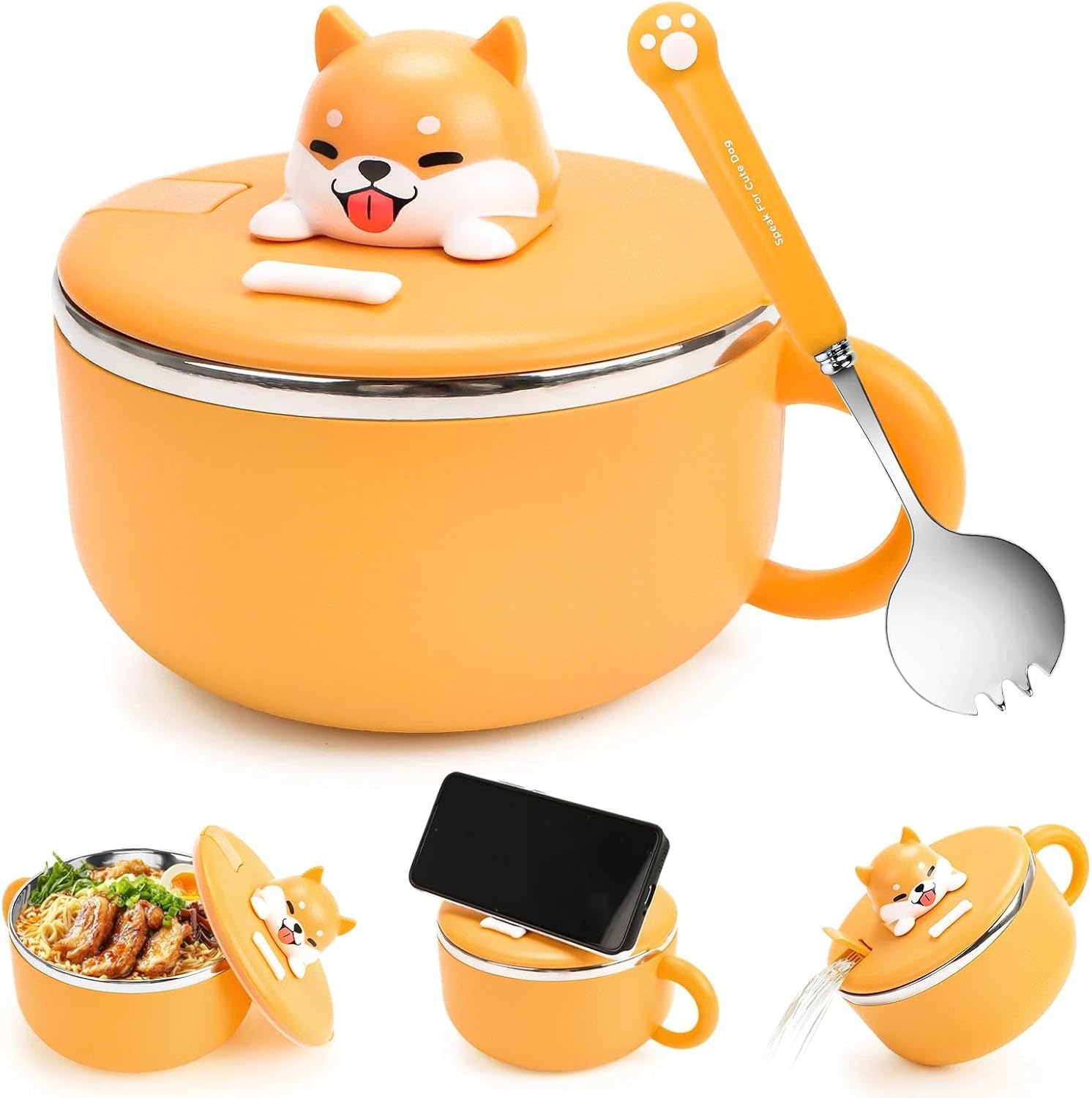 Jeiibrzui Ramen-schüssel – 1200 Ml – 1 Stück Mit Deckel Und Löffel – Silberner Edelstahl