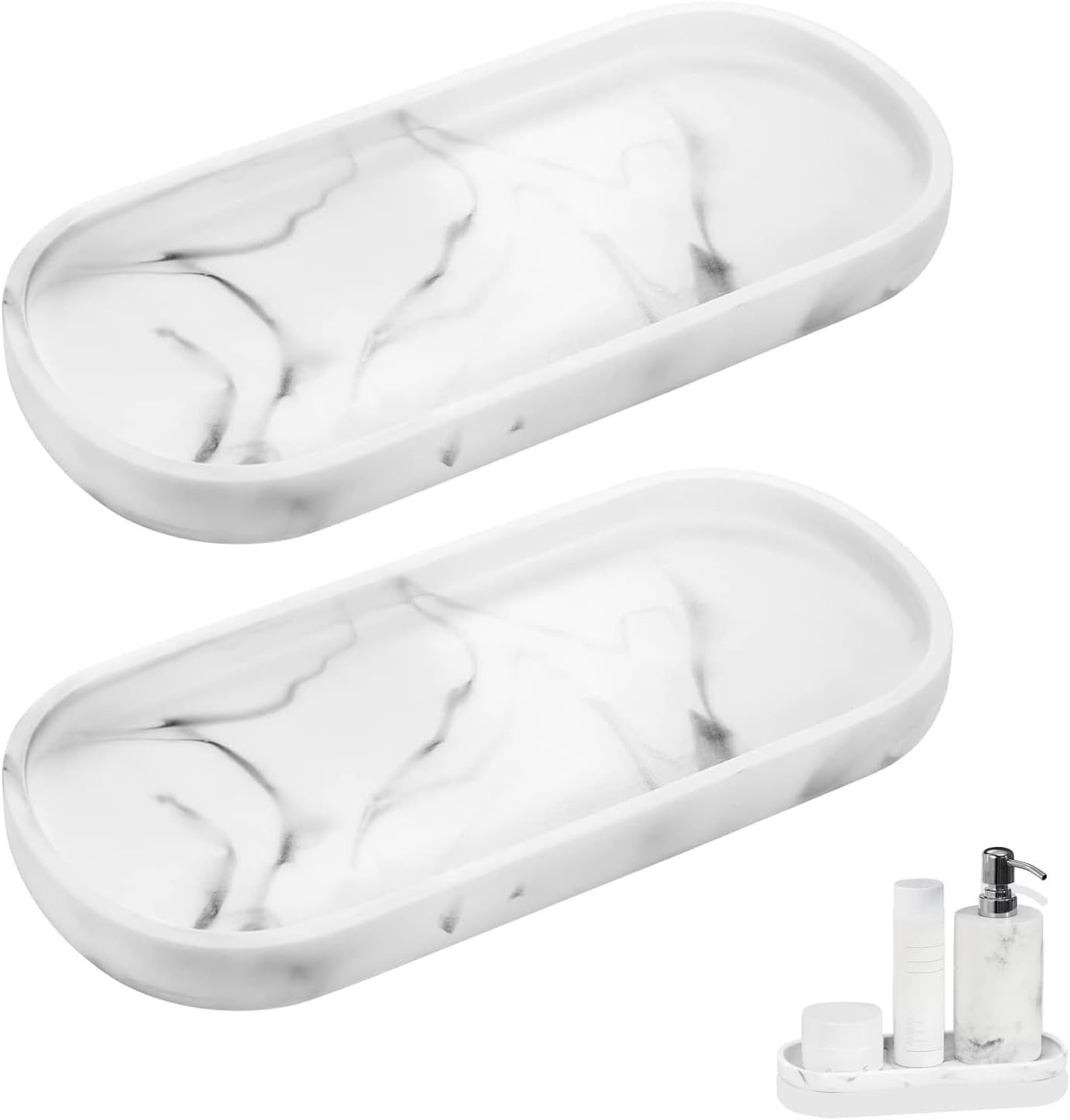 Dekoratives Tablett – 2-teilig – Weißer Marmor – Oval, 25 X 11 Cm – Badezimmeraufbewahrung – Glatte Oberfläche