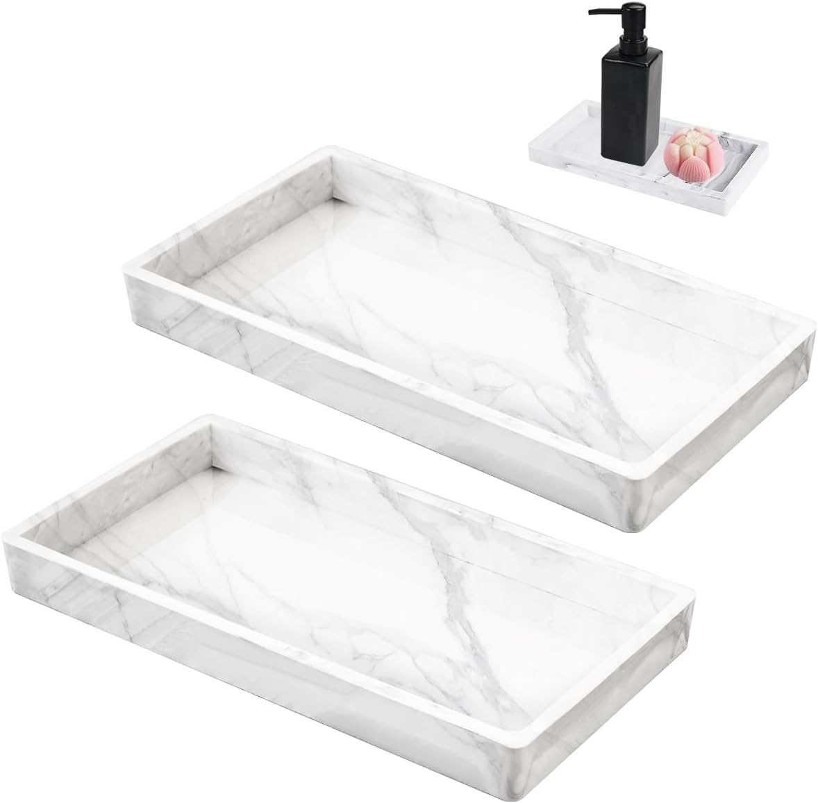 Aufbewahrungsschale – 2 Stück – Silikon – Weißes Marmormuster – Für Badezimmer Und Schmuck – 20 X 10 X 1,9 Cm
