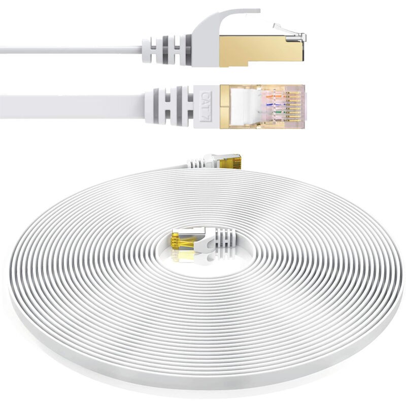 Elfcam® - Cat7 Ethernet-netzwerkkabel Mit Rj45-steckern, Flachkabel, 4 Geschirmte Verdrillte Adernpaare, Länge (0,25 M, Weiß)
