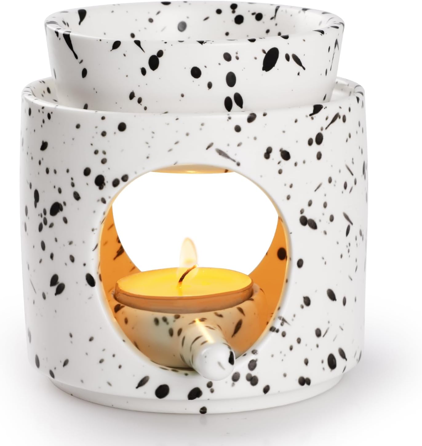 Jeiibrzui Duftlampe Aus Weißer Und Schwarzer Keramik – 9,5 X 9,5 X 8 Cm – Aromadiffusor Mit Teelichthalter Für Ätherische Öle, Ideal Für Wohnzimmer Und Badezimmer.