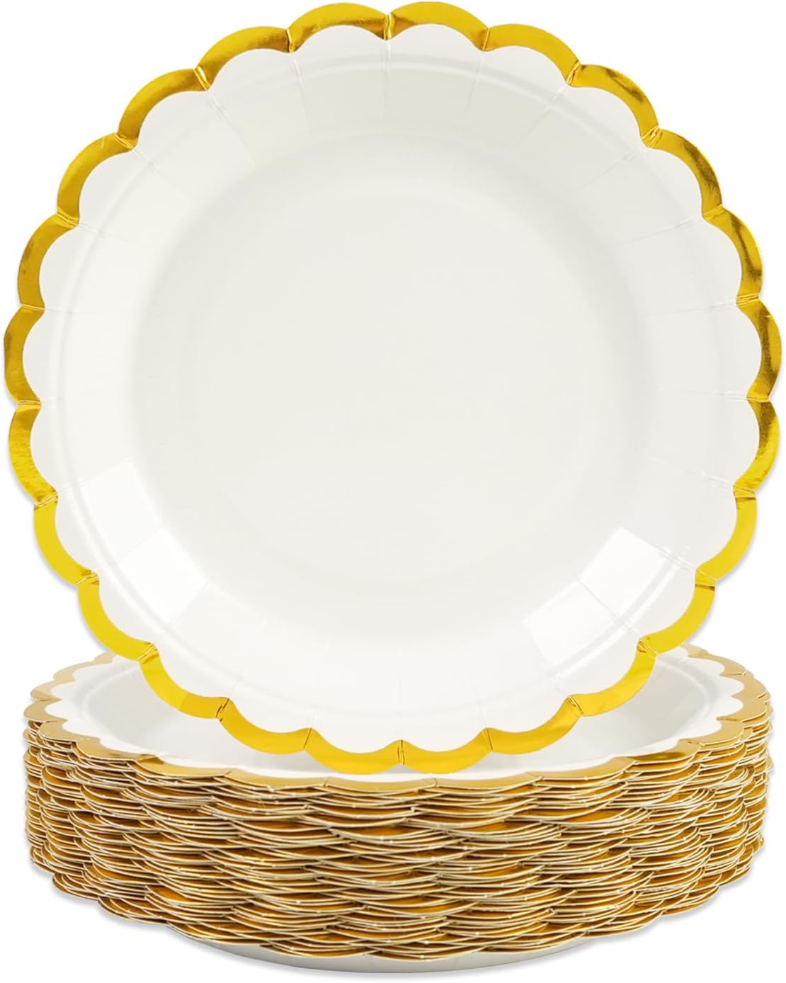 Jeiibrzui Weiße Und Goldene Partyteller - 23 Cm - 50er-packung - Einweggeschirr Mit Gewelltem Rand Für Hochzeiten, Geburtstage Usw.
