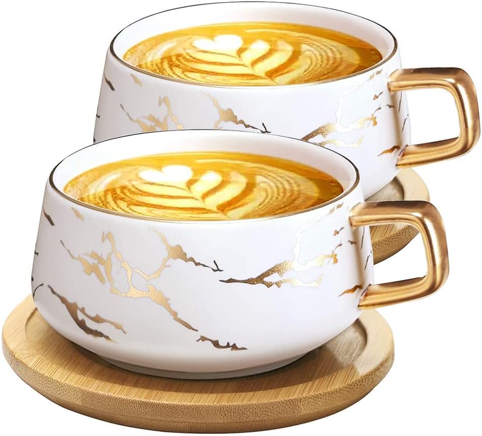 Jeiibrzui Set Aus 2 Cappuccino-tassen Mit Untersetzern – 300 Ml – Porzellan Mit Holzscheibe – Weiß