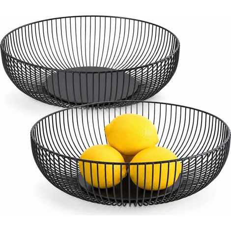 2er-set Obstkörbe, 28 Cm – Schwarzer Metall-obstkorb Mit Drahtdesign – Runder Korb Für Küche, Brot Und Gemüse – Modernes Deko-element