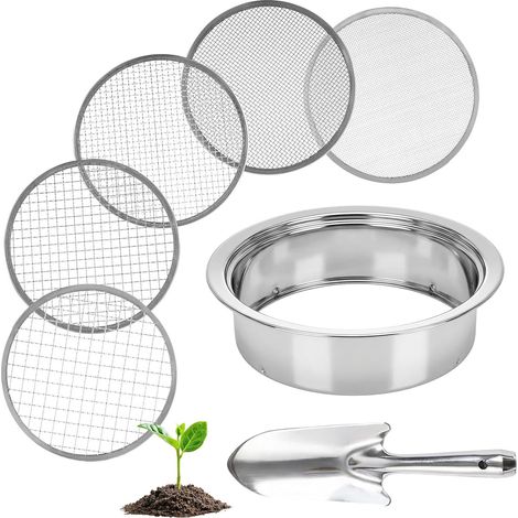 5-in-1 Gartensieb Aus Edelstahl, Sandsieb Mit Maschenweiten Von 1, 3, 6, 9 Und 12 Mm, Inklusive 1 Handschaufel Für Erde, Steine, Kompost, Unkraut, Sand, Kies Und Saatgut