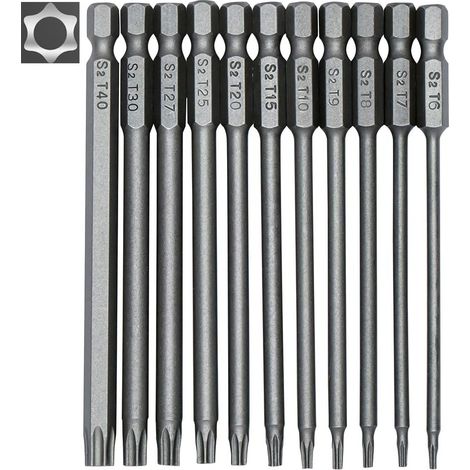 Set Mit 11 Langen Schraubendreherbits Für Schraubendreher Und Bohrmaschinen – Magnetische Bits – 6,35 Mm Sechskantschaft – Größen T6 Bis T40 – Länge 100 Mm