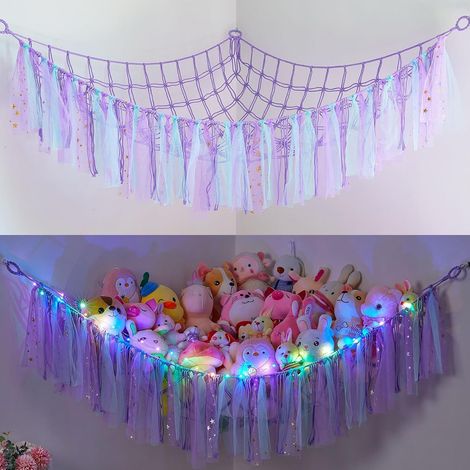 Hängematte Für Plüschtiere – Weiches Aufbewahrungsnetz Für Plüschtiere – Großes Hängenetz Mit Led-beleuchtung – Handgewebter Makramee-organizer Mit Quaste Fürs Kinderzimmer