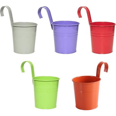 Set Mit 5 Hängenden Metallblumentöpfen – Eiseneimer – Pflanztopf Mit Haken (verschiedene Farben)