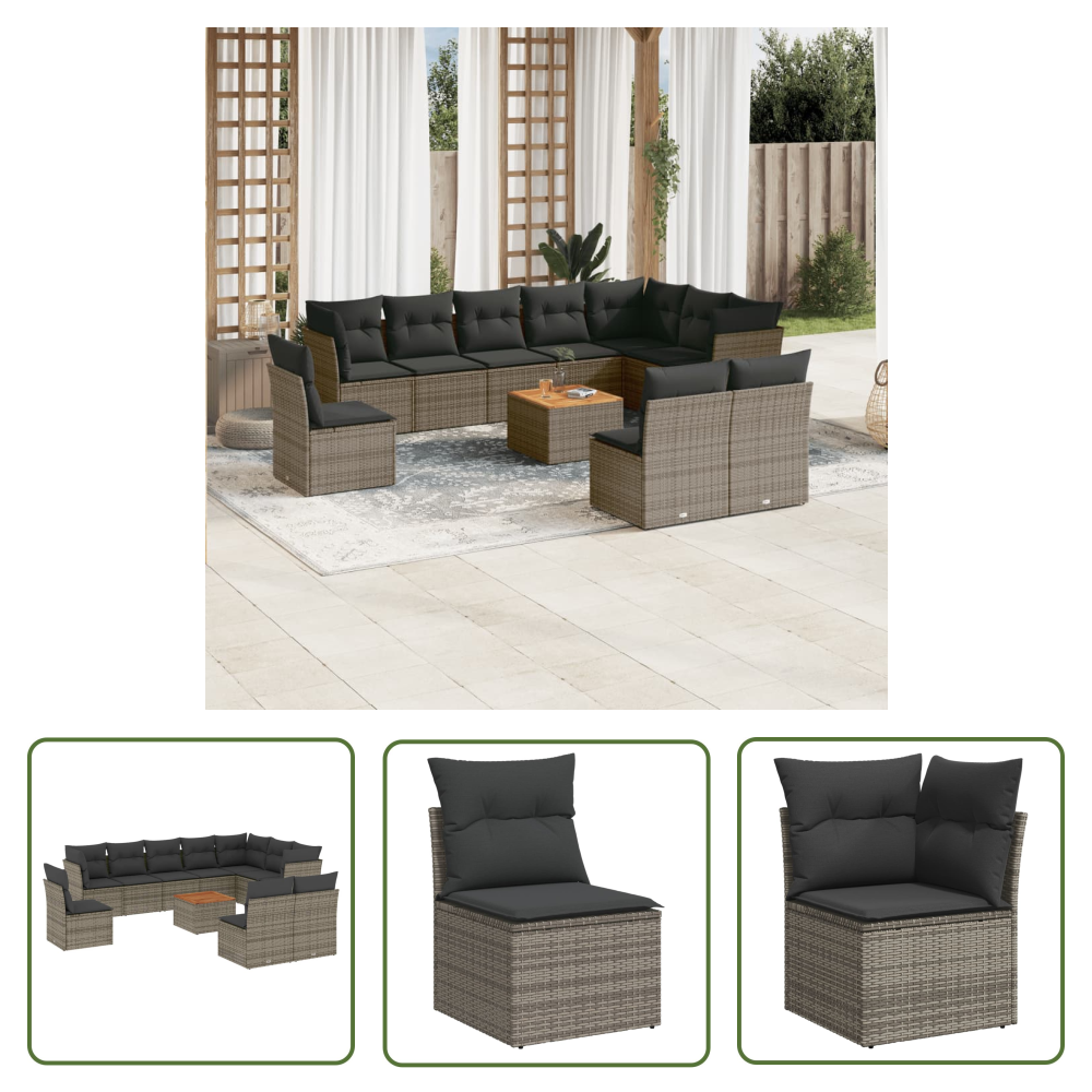 The Living Store 11-tlg. Garten-sofagarnitur Mit Kissen Grau Poly Rattan - Gartenmöbel Set - Pe-rattan Möbel - Outdoor Sofa - Lounge Set - Esstisch