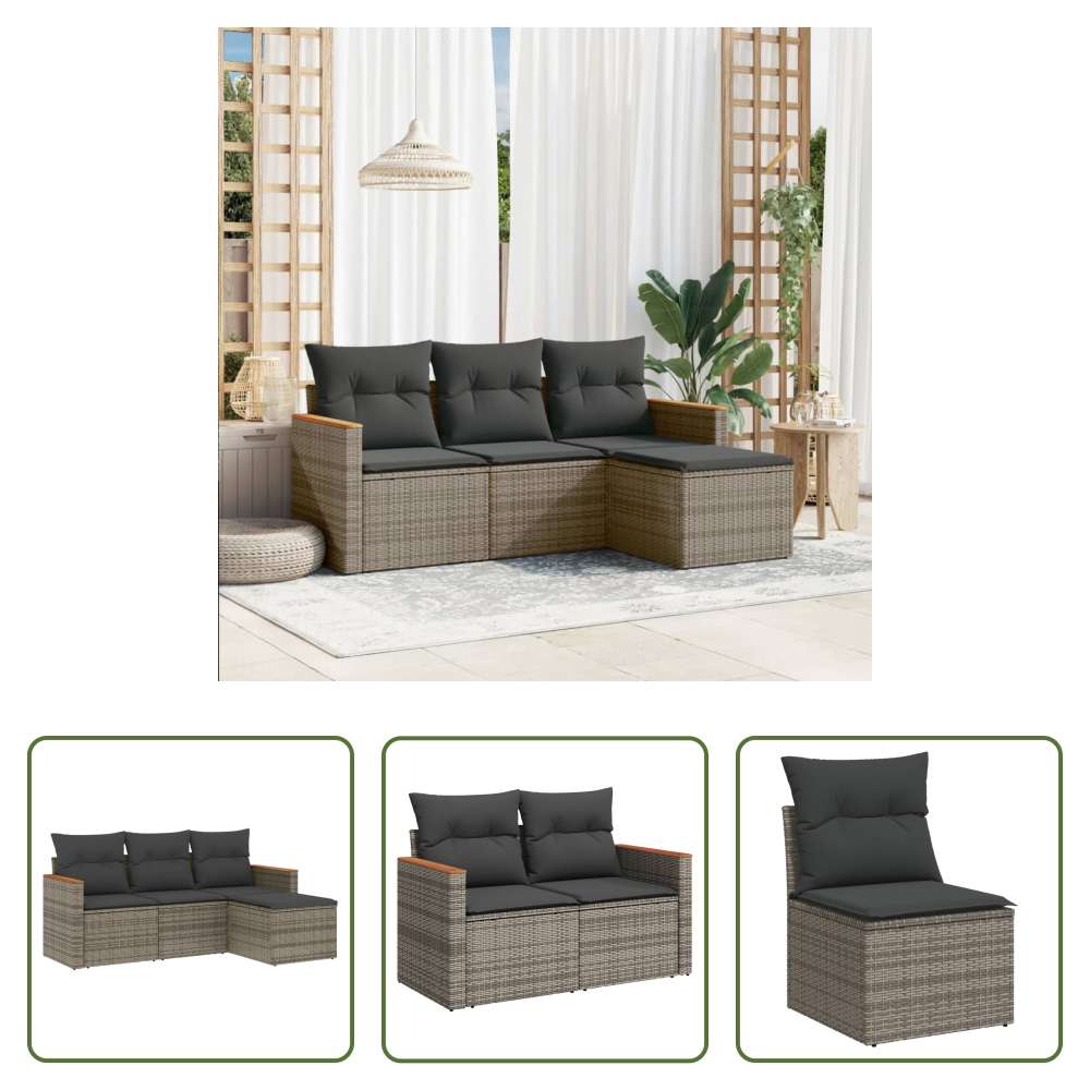Vidaxl Rattan - 4-tlg. Garten-sofagarnitur Mit Kissen Grau Poly Rattan