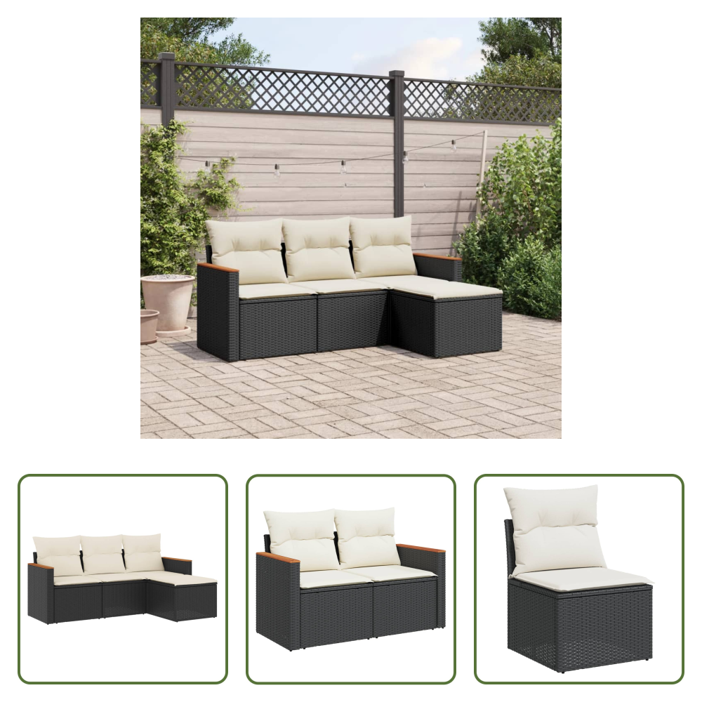 Vidaxl Rattan - 4-tlg. Garten-sofagarnitur Mit Kissen Schwarz Poly Rattan