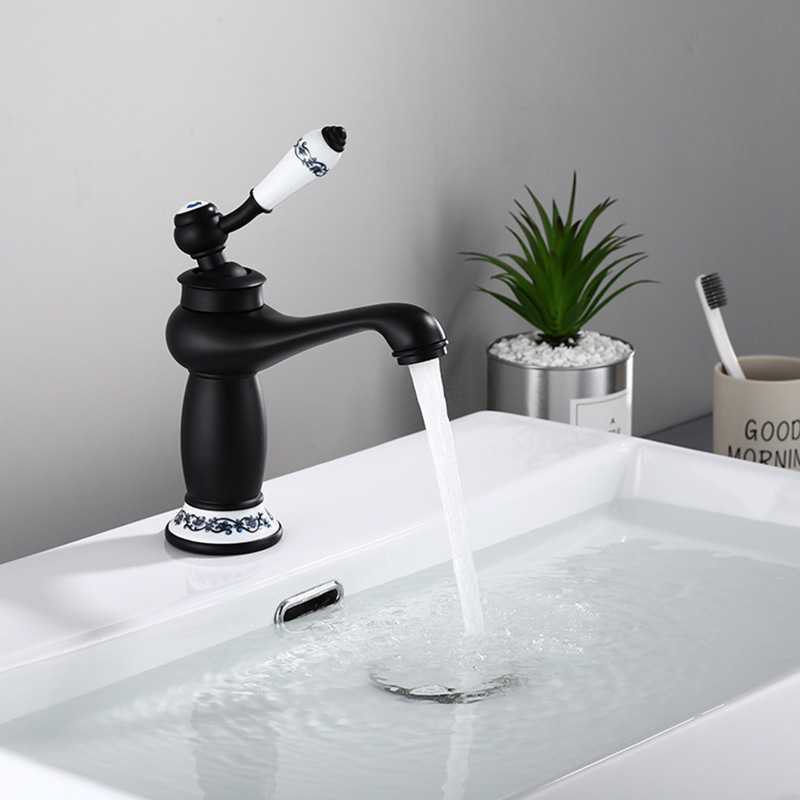 Mischbatterie Aus Massivem Messing Im Europäischen Retro-stil, Armatur Für Aufsatzwaschbecken Im Badezimmer, Schwarzes Keramikdesign Mit Schlauch-lsw