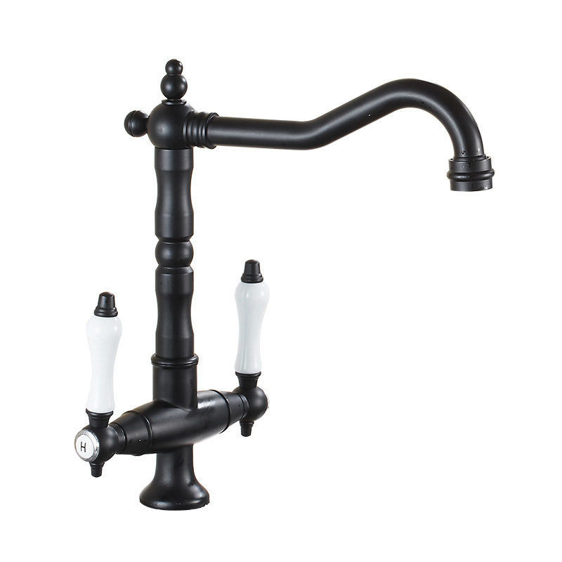Mischer Wasserhahn Aus Massivem Messing Im Französischen Retro-stil, Klassisches Europäisches Modell Mit Zwei Griffen, Schwarz, Für Badezimmer Und Küche-lsw