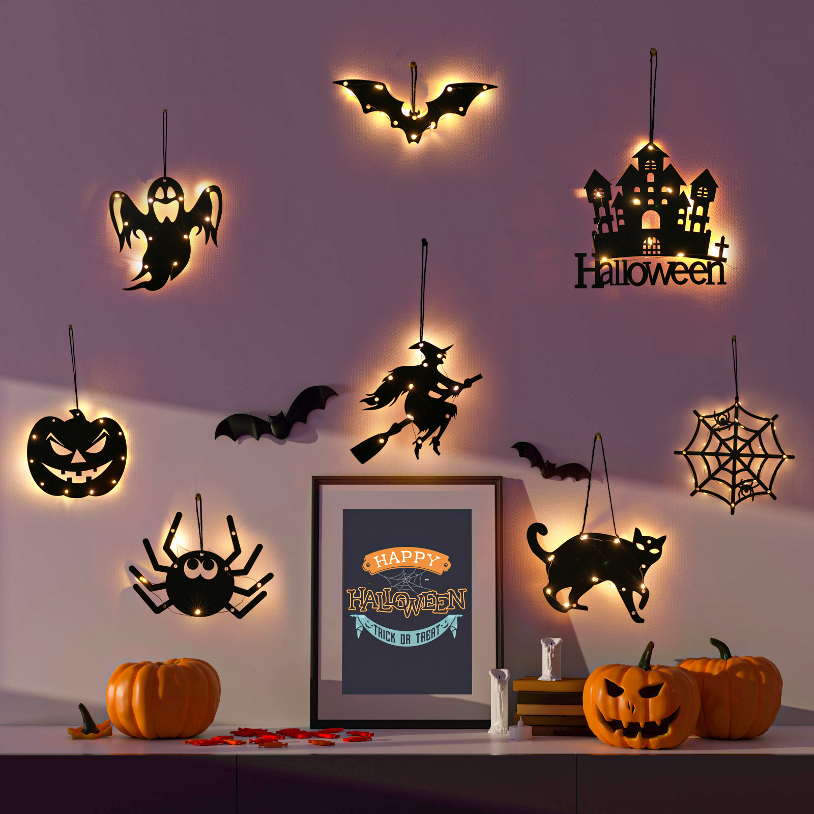 Halloween-dekoration Led: Leuchtende Spinne Und Geist, 3d-fledermaus-wandaufkleber (8er-set) – Gruselige Atmosphäre Für Die Party-lsw