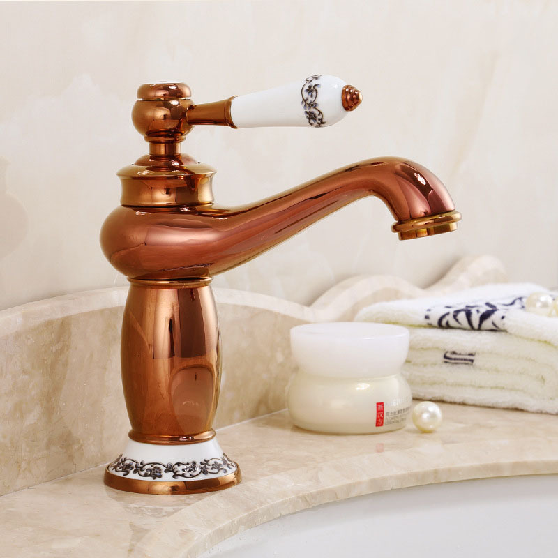 Massiver Messing-waschbeckenmischer Im Europäischen Retro-stil Für Aufsatzwaschbecken, Badezimmer, Mit Schlauch (modell: Keramik Roségold)-lsw