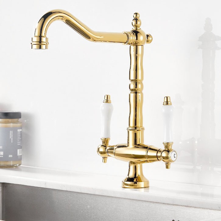 Retro-waschbeckenmischer Aus Massivem Messing, Klassisches Europäisches Design Mit Zwei Griften, Vintage-armatur Für Bad Und Küche, Zirkonvergoldete Oberfläche-lsw