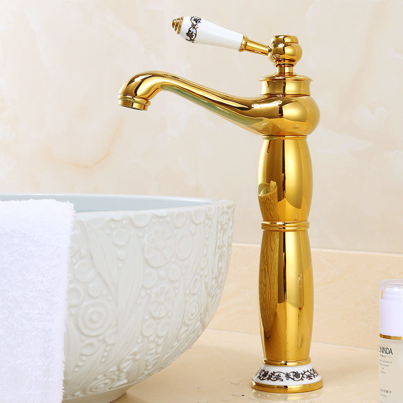 Einhändiger Waschtischmischer Aus Messing Im Europäischen Retro-stil Für Aufsatzwaschbecken, Badezimmer, Goldenes Keramikmodell Mit Schlauch-lsw