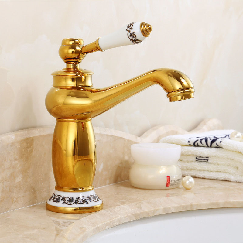 Europäischer Retro-stil Waschtischmischer Aus Messing, Für Aufsatzwaschbecken, Badezimmer, Goldenes Keramikmodell Mit Schlauch-lsw