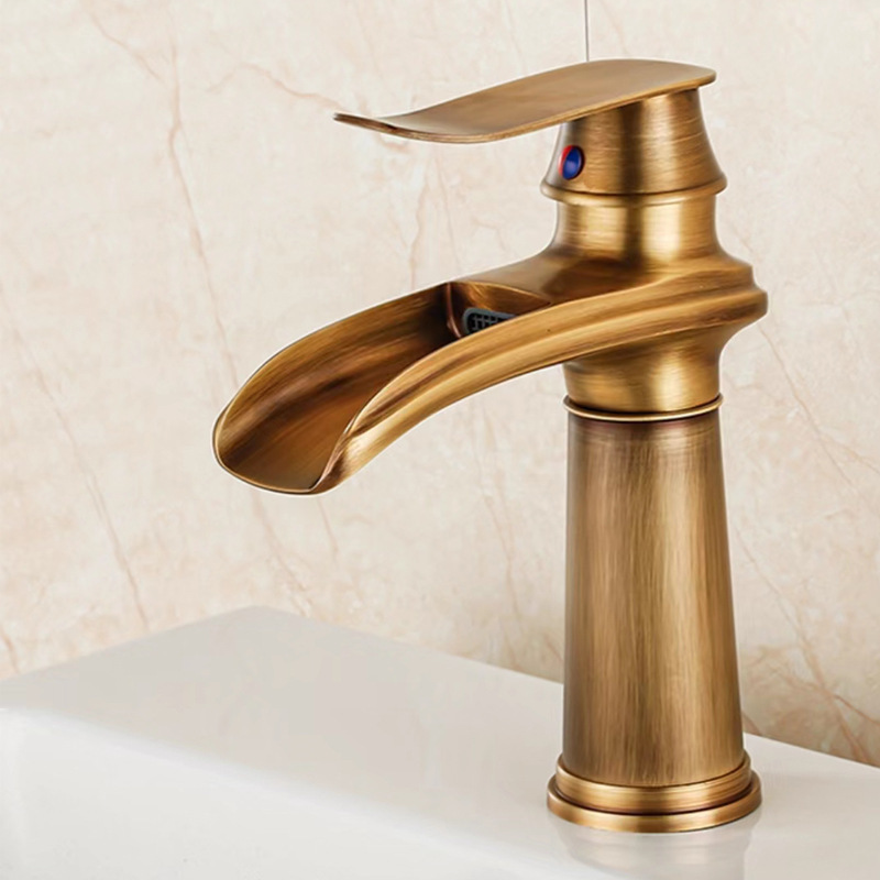 Antiker Europäischer Stil Massiver Kupfer-waschtischmischer Mit Wasserfallauslauf, Niedriger Einhebelmischer Mit Zulaufschlauch, Badezimmer-lsw