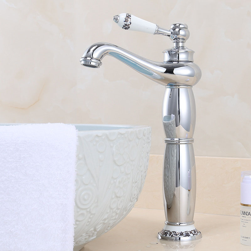 Europäischer Retro-stil Messing Einhebelmischer Für Waschbecken, Aufsatzwaschbecken, Badezimmer, Silberne Oberfläche Mit Keramik, Hohes Modell Mit Schlauch-lsw
