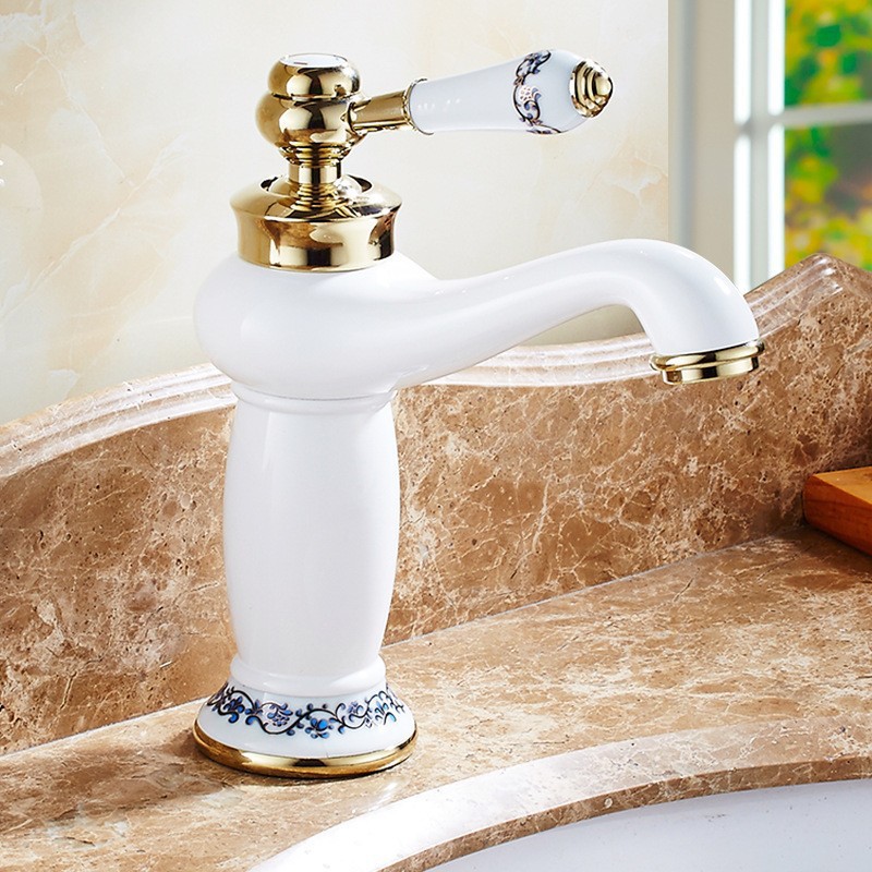 Massive Messing-waschtischmischer Im Europäischen Retro-stil, Badezimmerarmatur Für Aufsatzwaschbecken, Modell Weiß Und Gold Mit Keramik Und Flexschlauch-lsw