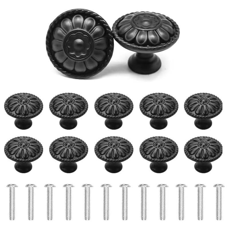 Bouton De Meuble 12 Pièces Poignee De Meuble，30mm Boutons De Porte Noir Motif De Fleurs Rond Boutons De Tiroir Avec Vis，bouton De Porte Vintage Pour Placard Tiroir Penderie