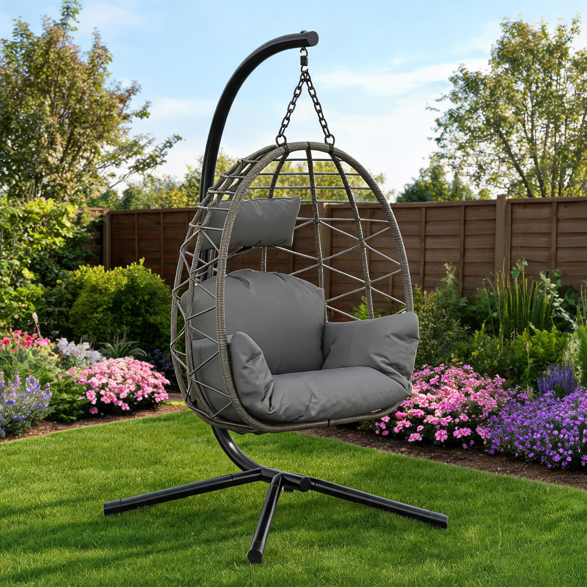 Hängesessel Mit Gestell Rattan Hängekorb Outdoor & Indoor, Bis 150 Kg Belastbarkeit, Hängestuhl Inkl. Kissen & Schutzhülle Für Garten, Balkon & Wohnzimmer
