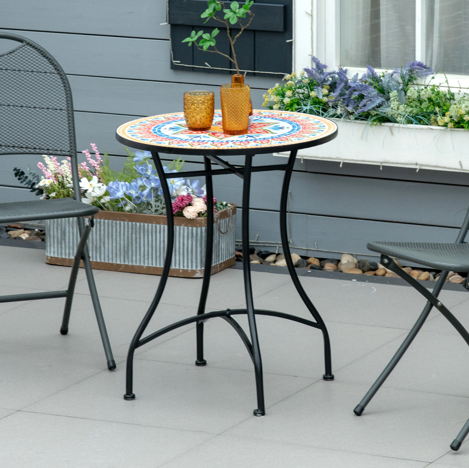 Runder Mosaik-gartentisch Aus Keramik Und Metall, Ø60 Cm, Rot, Blau Und Weiß