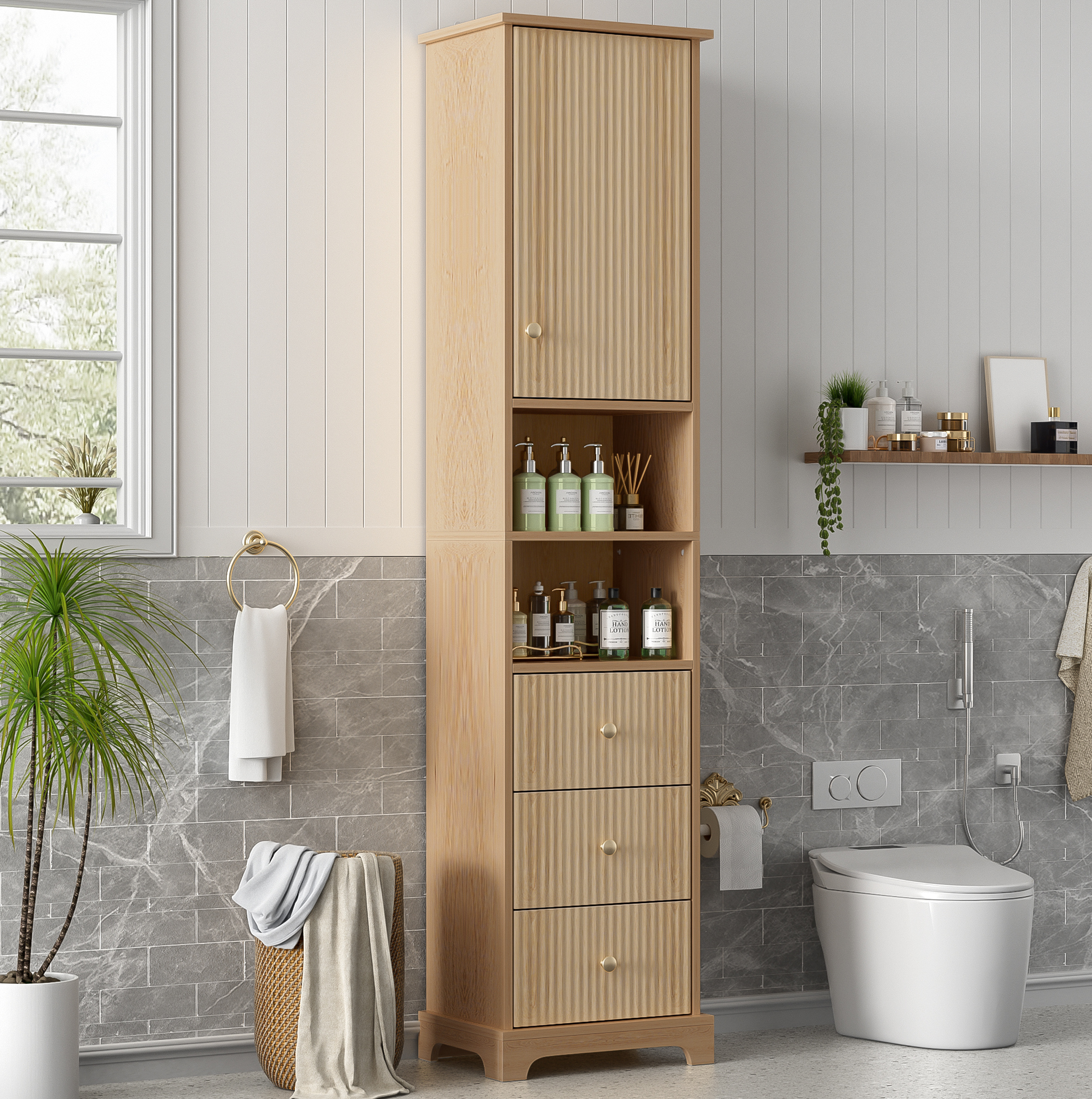 Hochschrank Fürs Bad 40 X 30 X 172 Cm Aus Naturfarbenem Mdf Mit 3 Schubladen