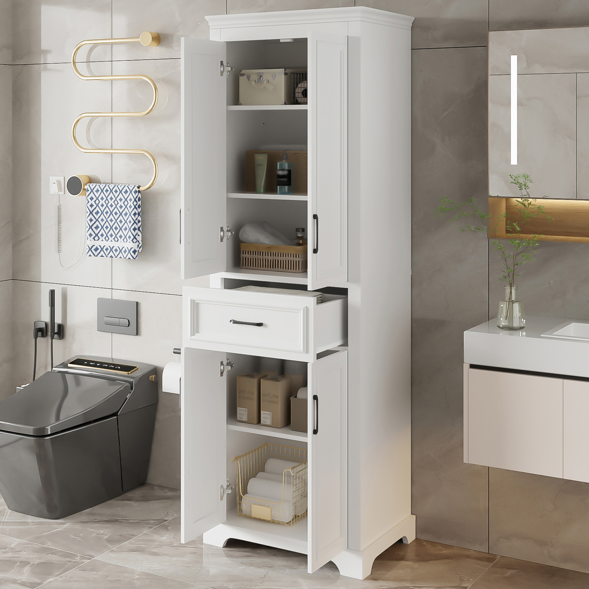 Okwish Badezimmer-hochschrank 60 X 40 X 180 Cm, Weißes Mdf, Schublade Und Doppeltüren