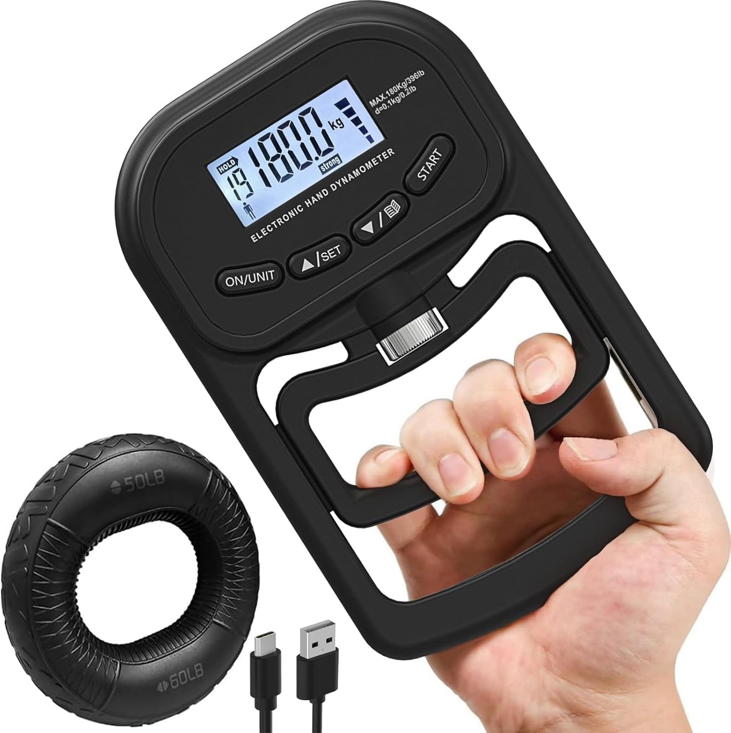 Elektronischer Dynamometer Bis 180 Kg – Usb-c-aufladbar – Lcd-bildschirm – Verstellbarer Griff – Für Sport Und Rehabilitation