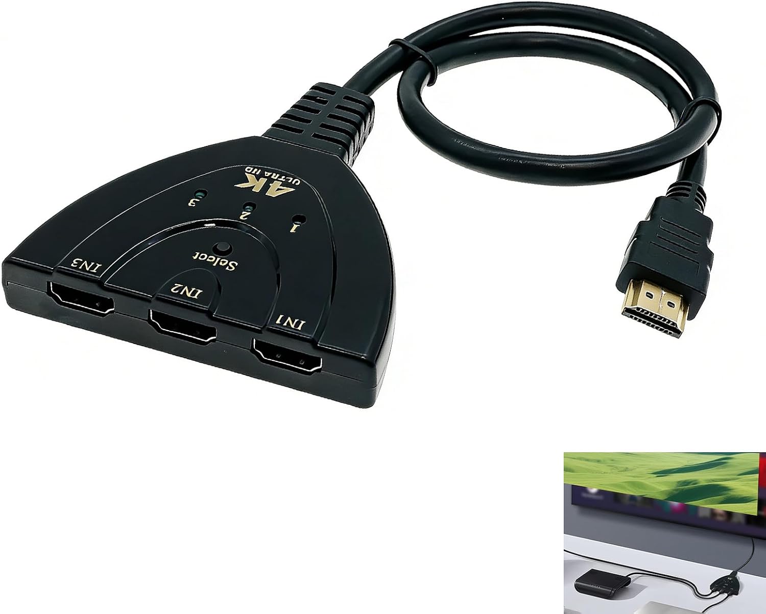 Hdmi-umschalter Mit 3 Eingängen Und 1 Ausgang – 1 Stück – Kunststoff – Manueller Umschalter – 4k 30hz – Für Fernseher, Konsolen Und Projektoren – 48 Cm Kabel