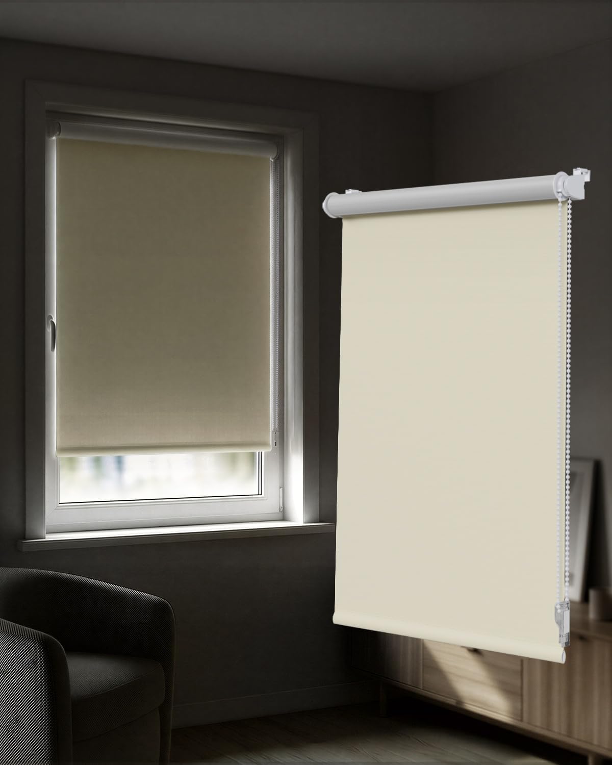 Manuelles Verdunkelungsrollo – 1 Stück – Cremeweißes Polyester – Sonnenschutz Ohne Bohren – Wohnzimmer, Schlafzimmer, Büro – 50 X 220 Cm