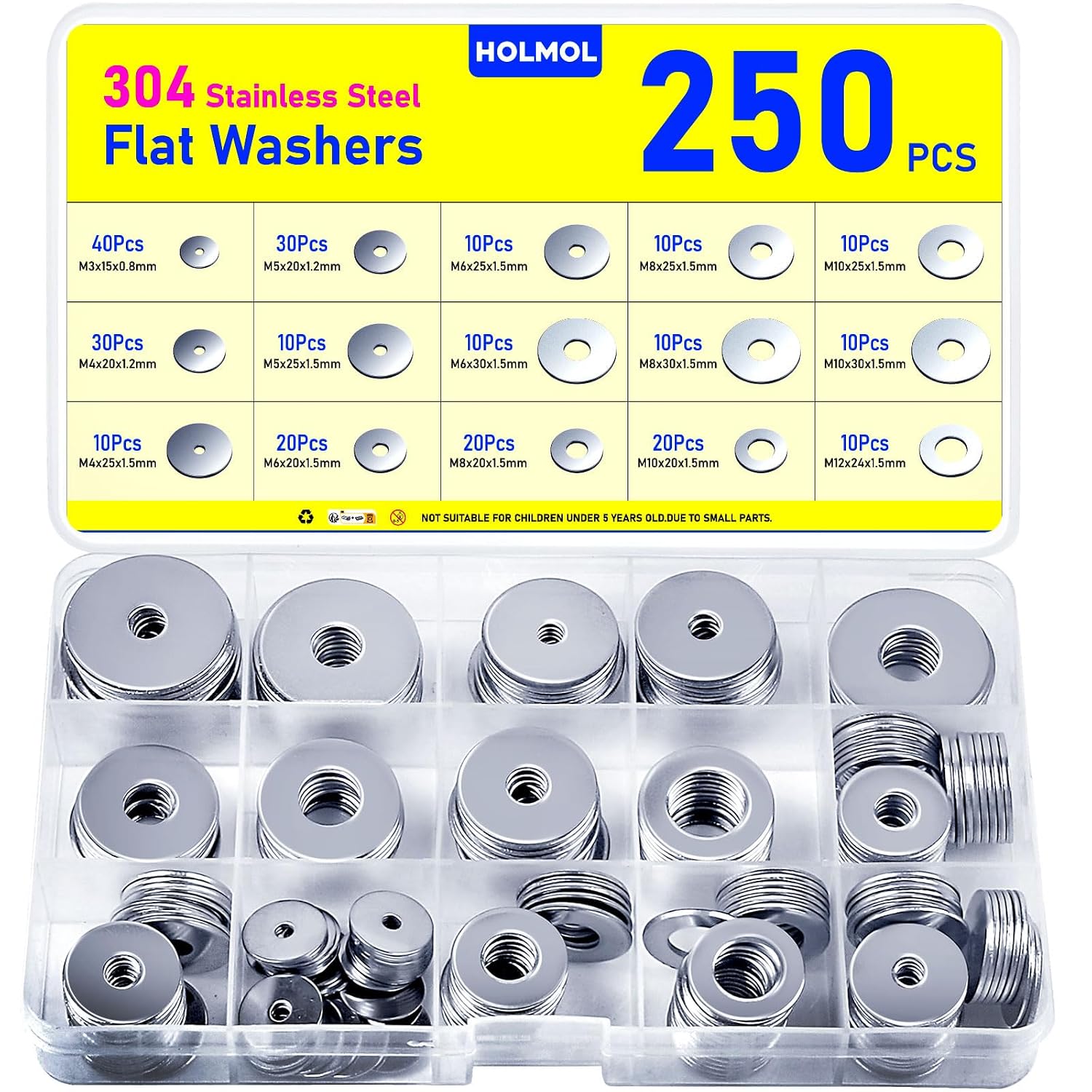 Flache Unterlegscheiben Aus Edelstahl – 250er-packung – Edelstahl 304 – Vibrations- Und Korrosionsbeständig – Für Kfz-mechaniker Und Heimwerker – Verschiedene Größen M3 Bis M12
