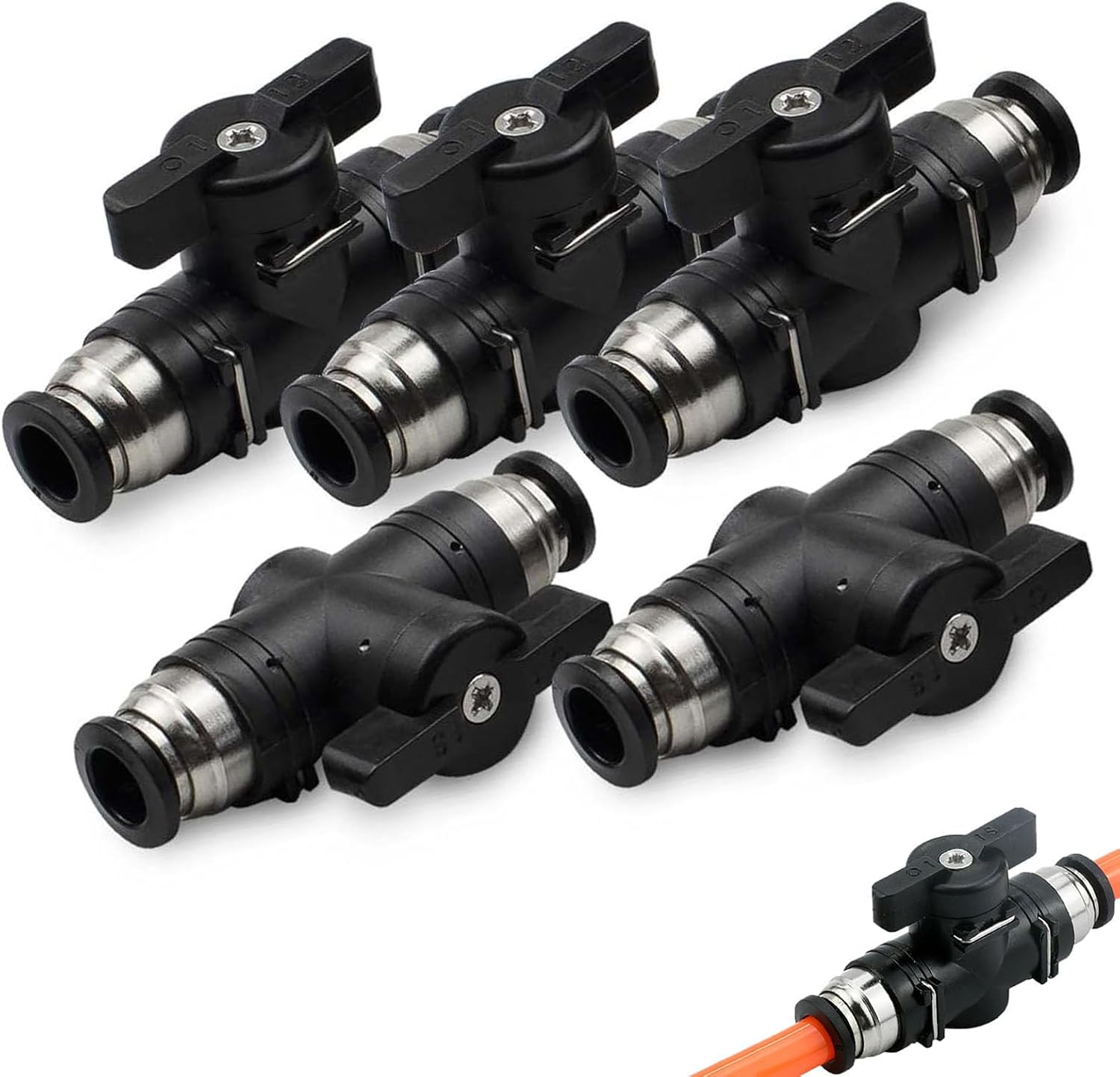 Pneumatik-verschraubungen – 5er-pack – Vernickeltes Kupfer Und Kunststoff – 12-mm-kugelhähne – Zur Luftstromregelung – Schwarz