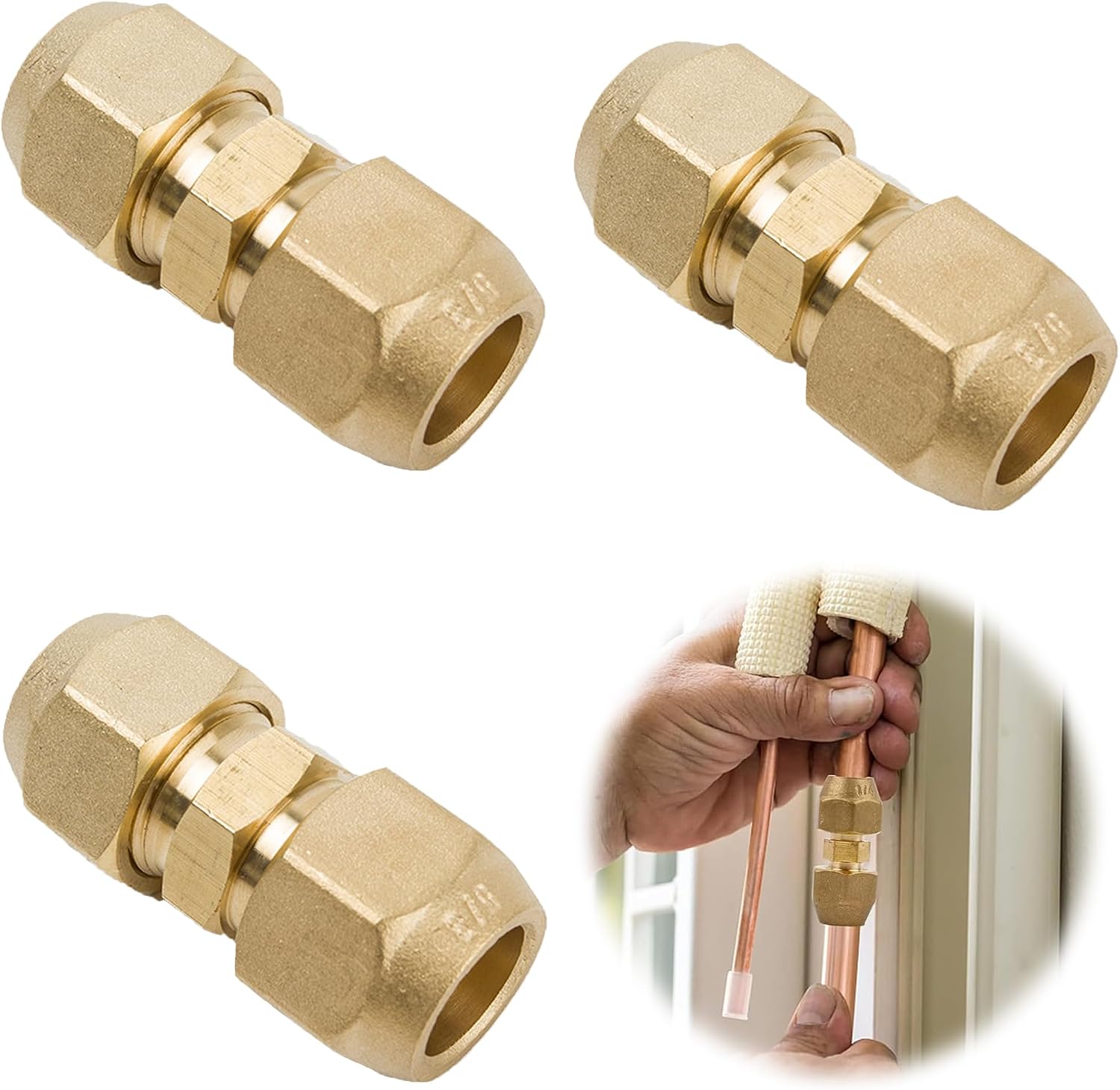 Kupferne Klimaanlagenschlauchverlängerungen – 3er-pack – Massives Messing – 3/8"-lötfreies Gewinde – Reparatur Von Kälteanlagen – 9,52 Mm Gold