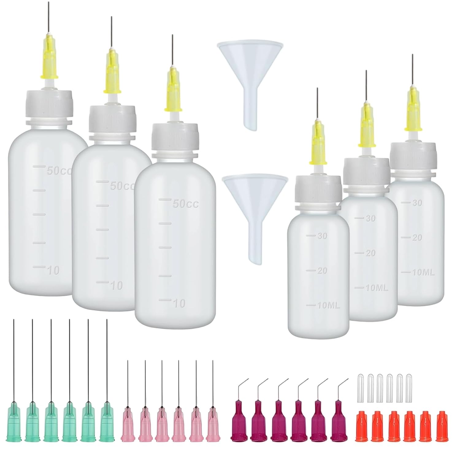 6 Präzisionsapplikatorflaschen 30/50 Ml – Kunststoff Und Stahl – Mit Dosiernadeln – Für Öl, Klebstoff, Heimwerken, Nähen – Komplettes Zubehörset