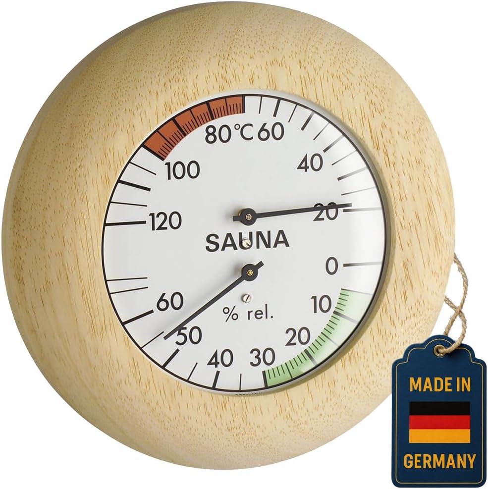 Sauna-thermo-hygrometer – 1 Stück – Massivholz – Misst Temperatur Und Luftfeuchtigkeit – Für Finnische Saunen Und Hammams – Braun, 13,6 X 13,6 Cm