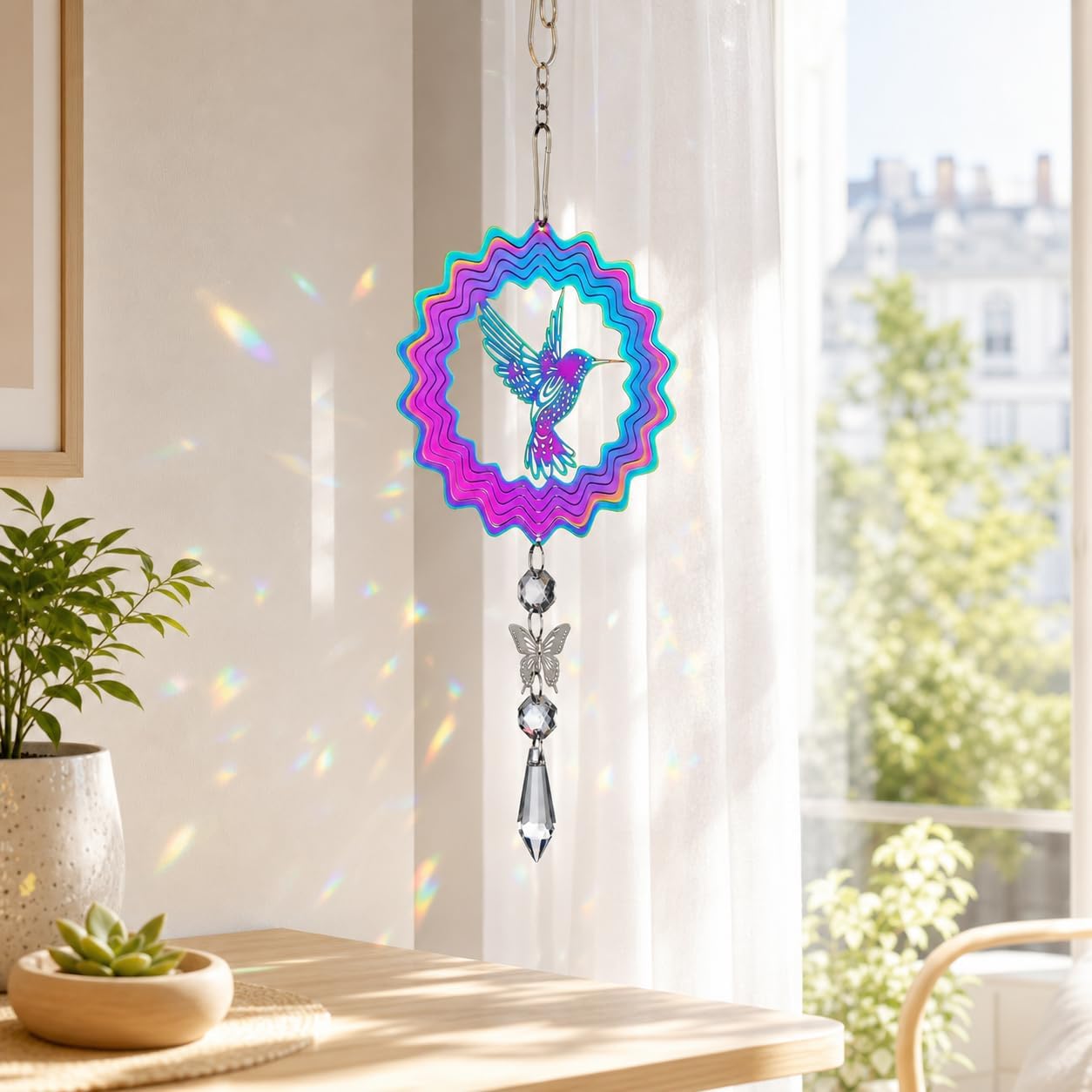 3d-kolibri-windmühle – 1 Stück – Edelstahl Und Kristall – Reflektierende Kinetische Rotation – Dekoration Für Garten, Veranda Und Balkon – Türkis- Und Rosafarbenes Mandala-muster