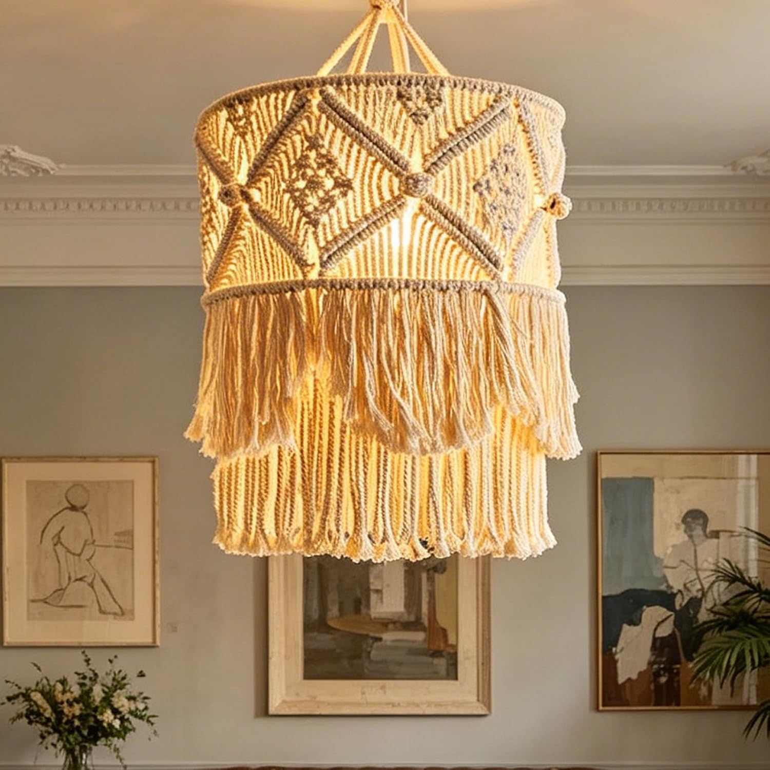 Makramee-lampenschirm – 1 Stück – Cremeweiße, Geflochtene Baumwolle – Dekorative Hängelampe Im Boho-stil – Wohnzimmer, Schlafzimmer, Büro – 45 X 30 Cm