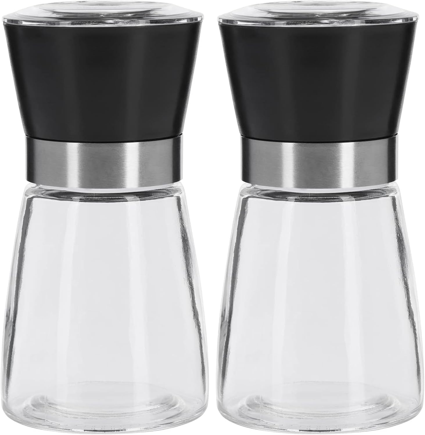 Gewürzmühle – 2er-set – Glas Und Schwarzer Kunststoff – Verstellbares Keramikmahlwerk – Für Küche Und Tisch – Transparentes Sanduhrdesign