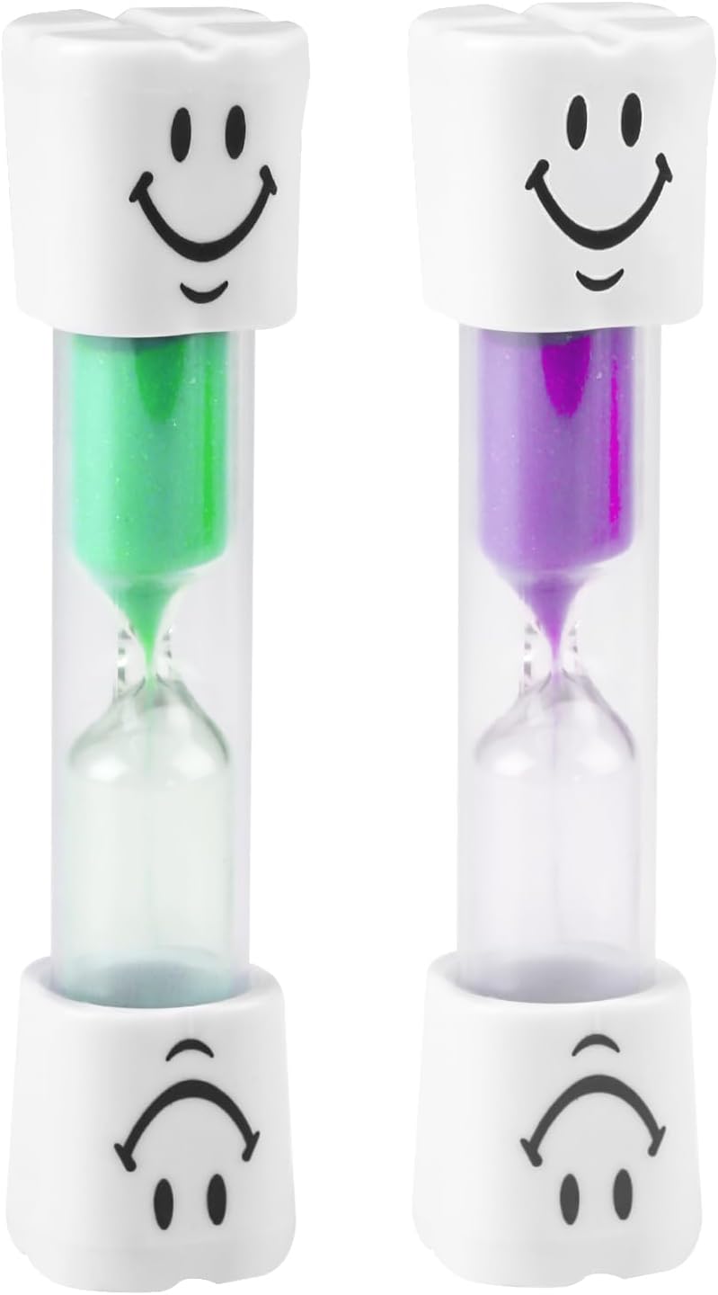 Kinder-sanduhr (3 Minuten) – 2er-set – Pvc Und Glas – Timer Mit Lächelndem Gesicht – Für Zahnhygiene Und Küche – Grün Und Lila