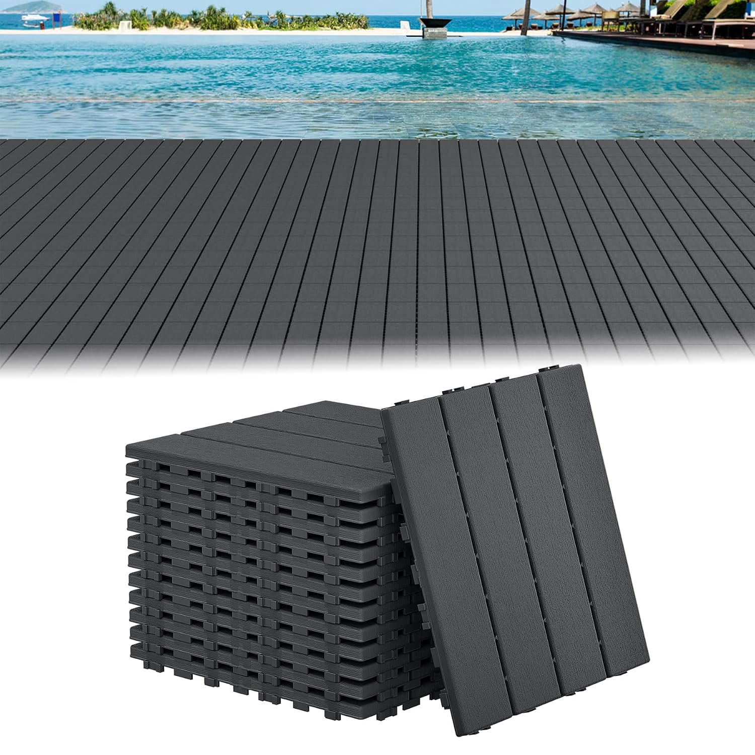 Zum Aufclipsen – 11er-set – Anthrazitfarbene Holzoptik – Integrierte Drainage Und Uv-beständig – Für Garten, Balkon Und Pool – 30 X 30 Cm