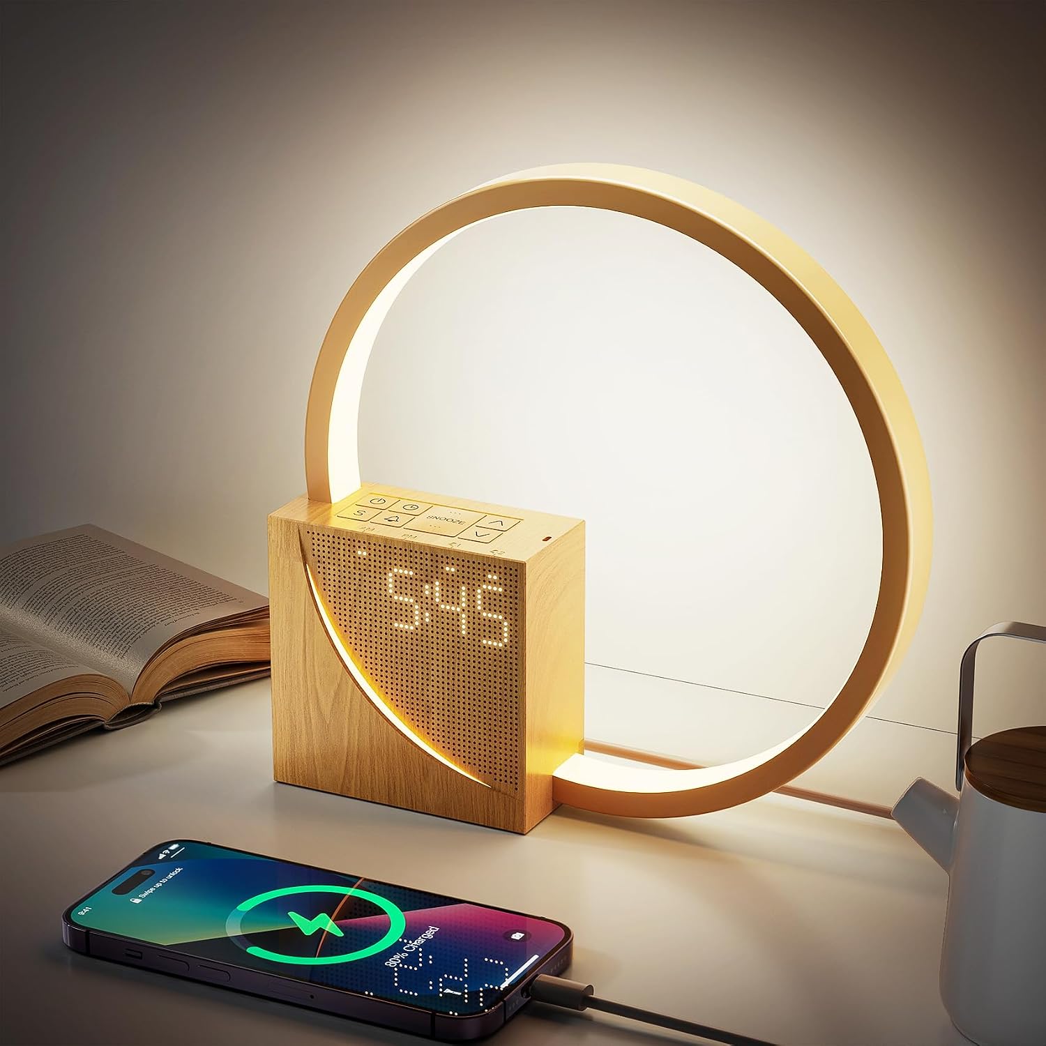 Led-nachttischlampe – 1 Stück – Holz Und Polycarbonat – Wecker Und Usb-ladefunktion – Schlafzimmer Und Büro – 22,5 X 5,1 X 22,8 Cm