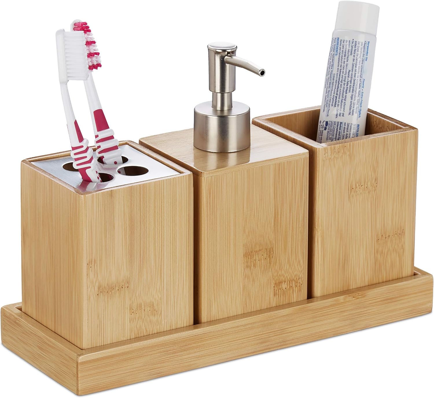 Bambus-badezimmer-set – 4-teilig – Natürlicher Stil – Mit Spender Und Aufbewahrung – Für Familien – Naturfarben