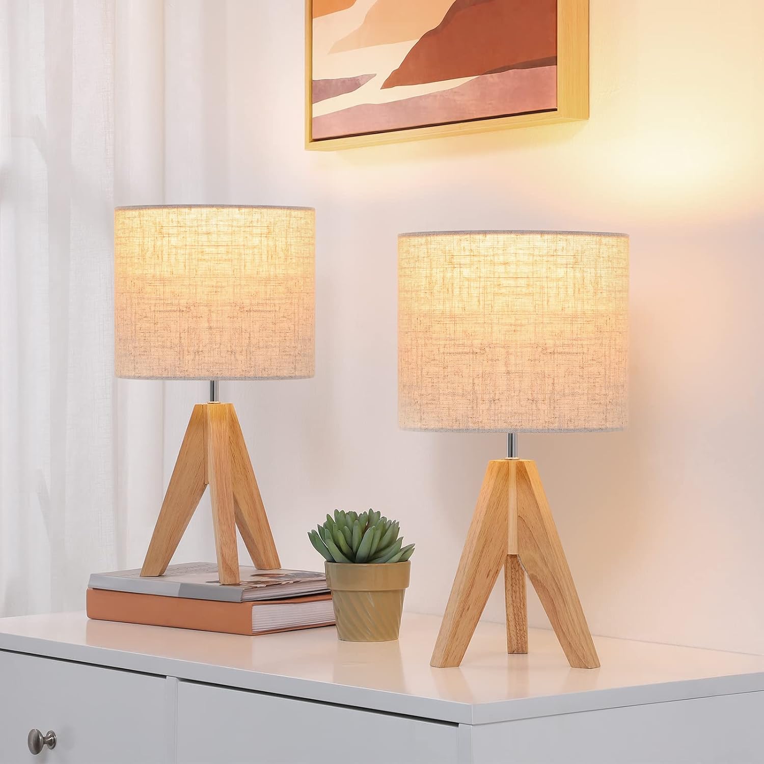 Nachttischlampen-set (2er-pack) – Stativ Aus Holz Und Leinen – Inkl. Led-leuchtmittel – Sanftes Licht – Für Wohn- Und Schlafzimmer – 36 X 20 X 20 Cm
