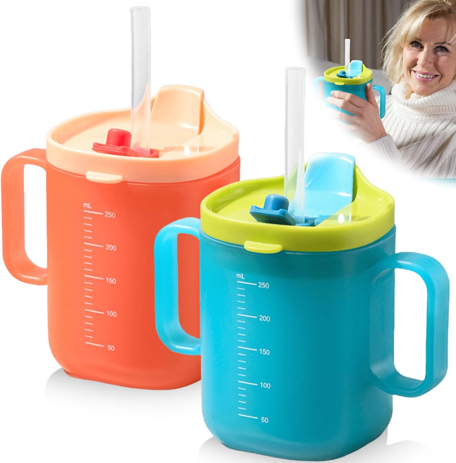 Trinklernbecher – 2er-set – Polypropylen – Auslaufsicher – Für Senioren Und Erwachsene – 300 Ml – Blau-orange