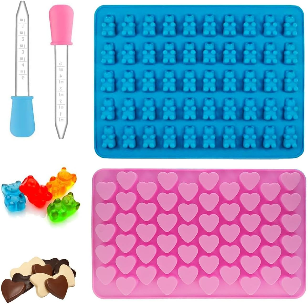 2er-set Silikonformen – 55 Herzen Und 50 Teddybären – Lebensmittelecht – Antihaftbeschichtet Und Wiederverwendbar – Für Selbstgemachte Pralinen Und Bonbons – Rosa Und Blau